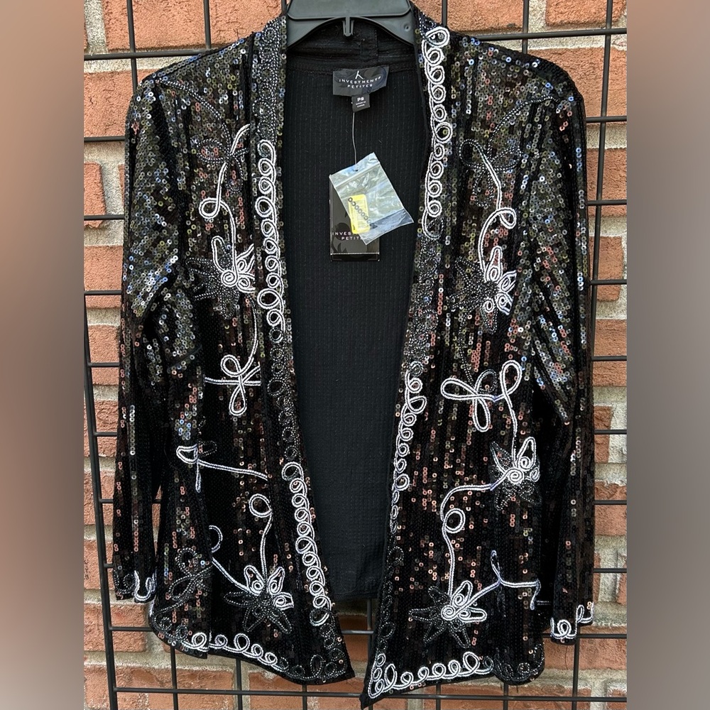 Black Sequined Women's Cardigan with White Embroidered Swirl Accents NWT